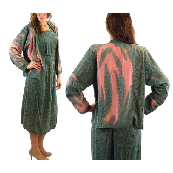 1980s skirt and jacket hand painted silk green pink three piece set Artacious - Picture 1 of 5